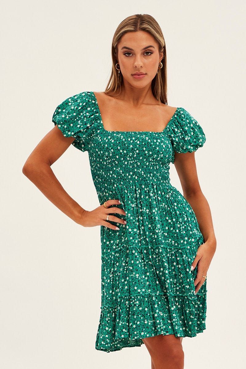 Green Floral Square Neck Tiered Skater Dress sold by Ally Fashion product image thumbnail 3