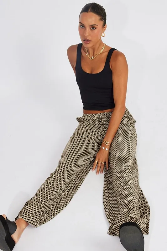 Beige Geo Wide Leg Pants Drawstring Waist sold by Ally Fashion