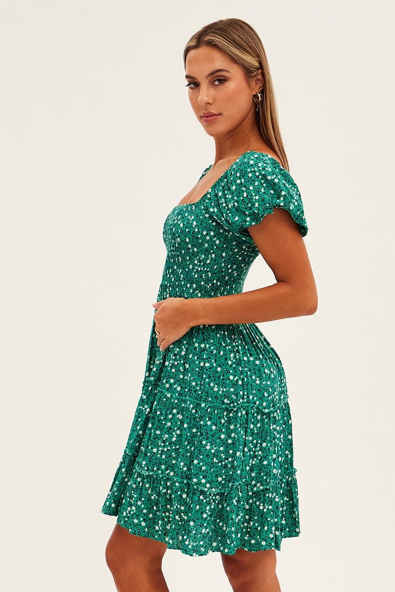 Green Floral Square Neck Tiered Skater Dress sold by Ally Fashion product image thumbnail 4