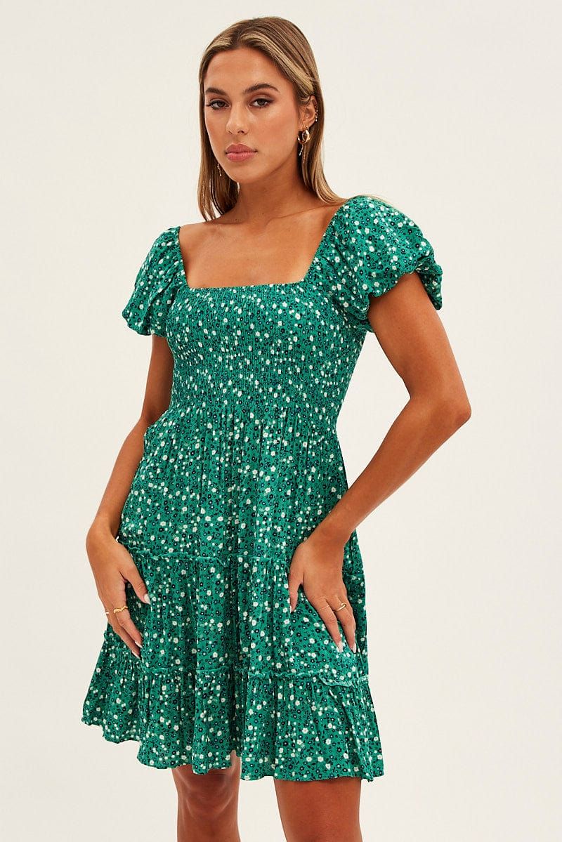 Green Floral Square Neck Tiered Skater Dress sold by Ally Fashion