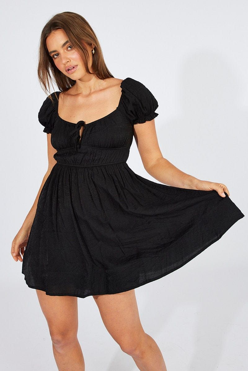 Black Fit and Flare Dress Short Sleeve Ruched sold by Ally Fashion