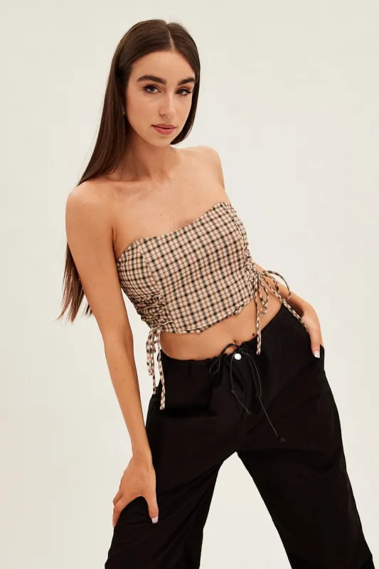 Brown Check Corset Top Strapless Crop Structured Tie Up Detail sold by Ally Fashion