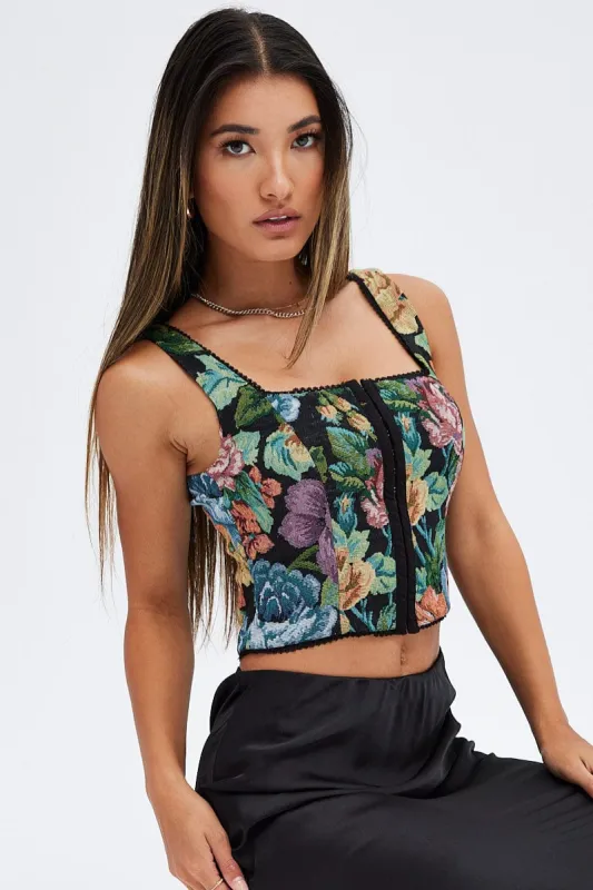 Black Floral Corset Top Sleeveless Square Neck Hook & Eye sold by Ally Fashion
