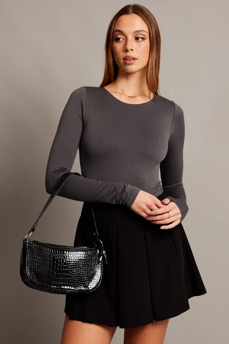 Grey Bodysuit Long Sleeve Crew Neck Seamless sold by Ally Fashion