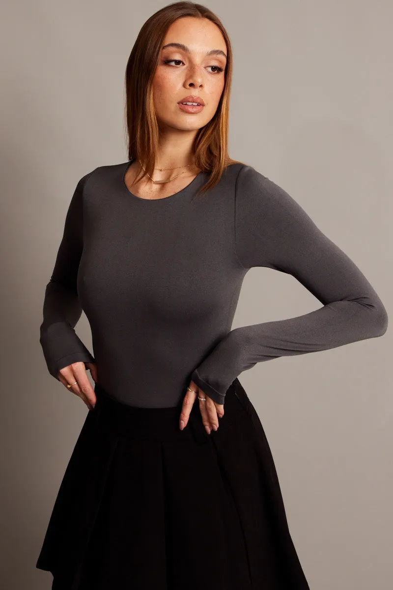 Grey Bodysuit Long Sleeve Crew Neck Seamless sold by Ally Fashion product image thumbnail 3