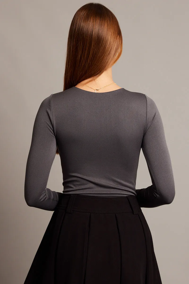 Grey Bodysuit Long Sleeve Crew Neck Seamless sold by Ally Fashion product image thumbnail 4