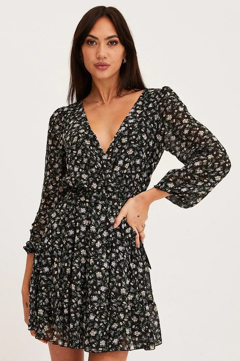 Print Mini Dress Long Sleeve V Neck sold by Ally Fashion product image thumbnail 3