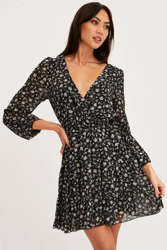 Print Mini Dress Long Sleeve V Neck sold by Ally Fashion