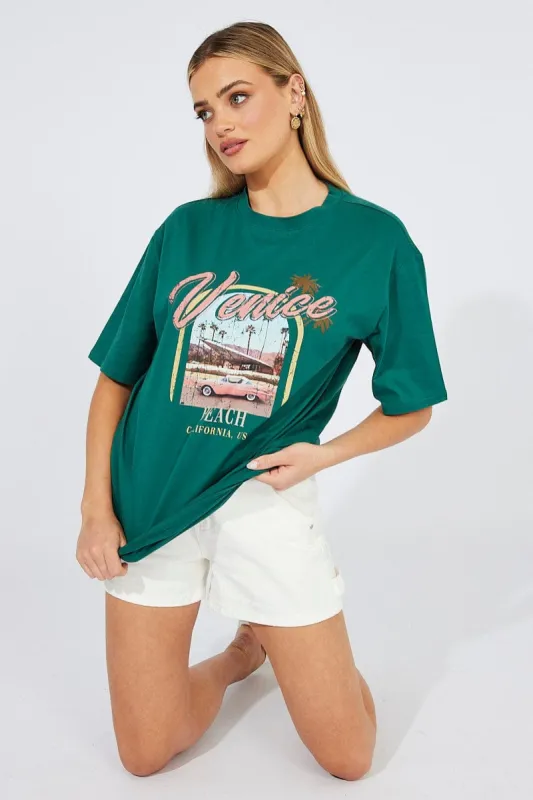 Green T Shirt Short Sleeve Crew Neck Venice Beach Cotton sold by Ally Fashion