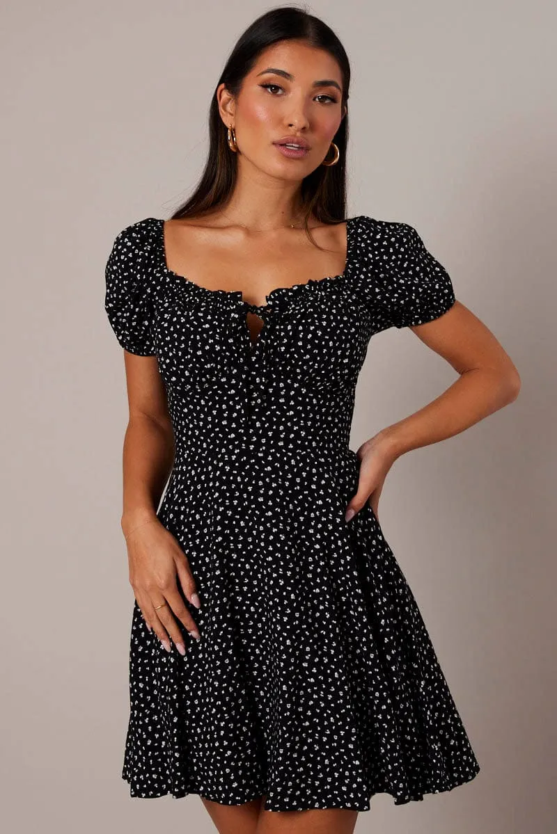 Black Floral Fit And Flare Dress Puff Sleeve Mini sold by Ally Fashion product image thumbnail 4