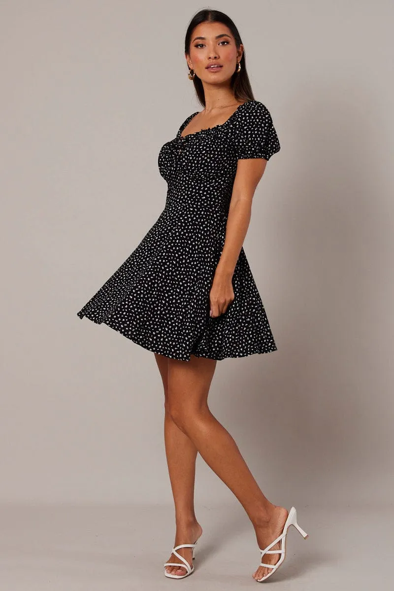Black Floral Fit And Flare Dress Puff Sleeve Mini sold by Ally Fashion