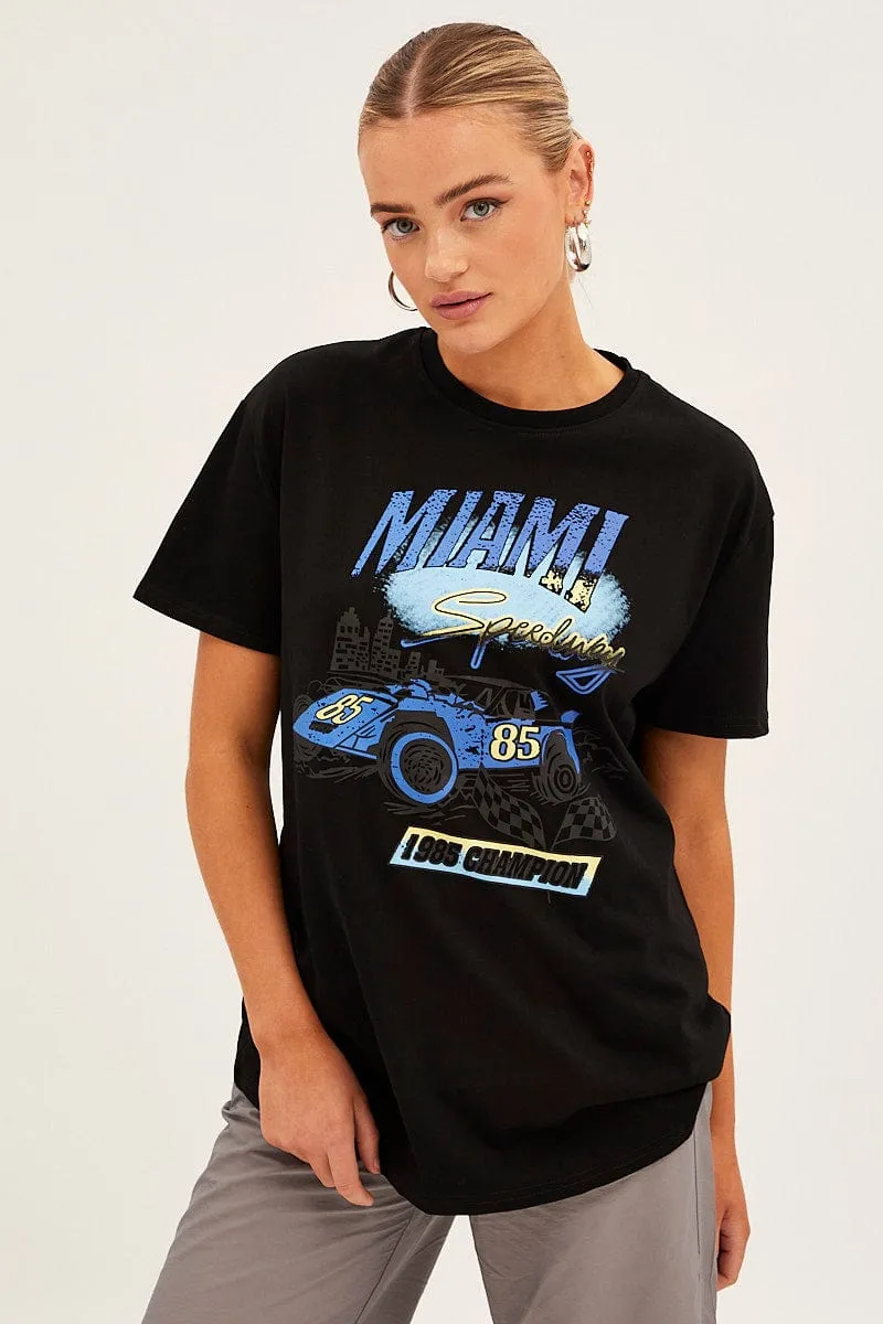 Black Cotton Jersey Short Sleeve Miami Graphic Tee sold by Ally Fashion