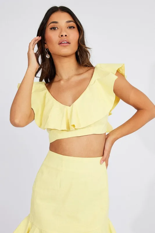 Yellow Plunge Crop Top Ruffle Shoulders sold by Ally Fashion