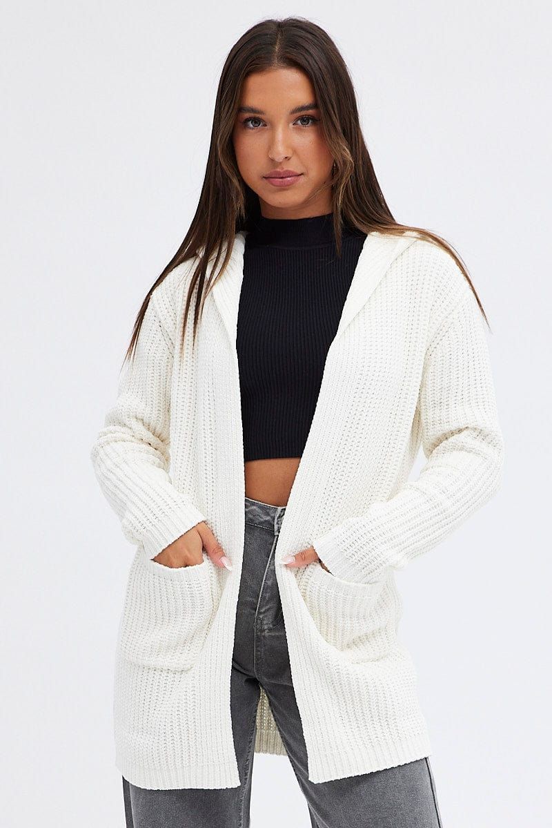 White Knit Cardigan Hooded Chenille sold by Ally Fashion product image thumbnail 3