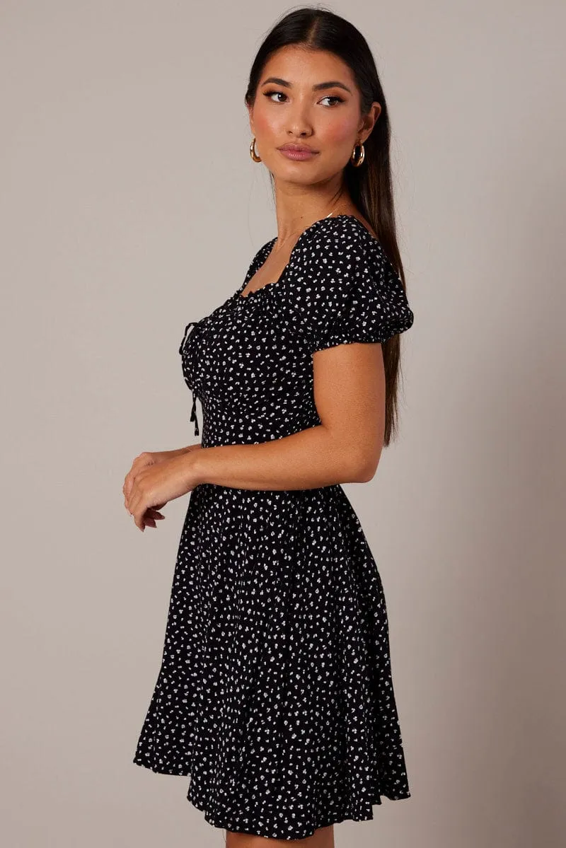 Black Floral Fit And Flare Dress Puff Sleeve Mini sold by Ally Fashion product image thumbnail 5