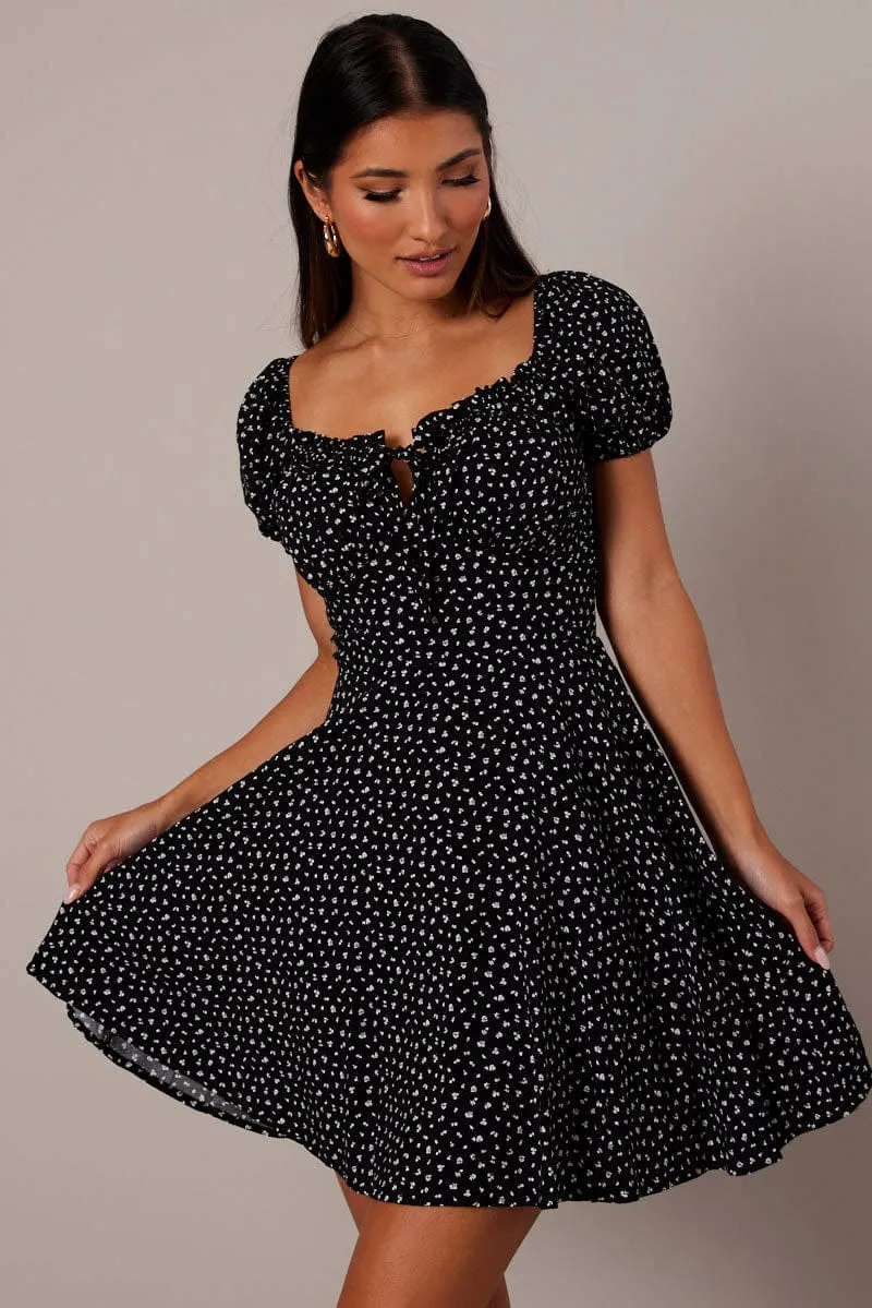 Black Floral Fit And Flare Dress Puff Sleeve Mini sold by Ally Fashion product image thumbnail 3