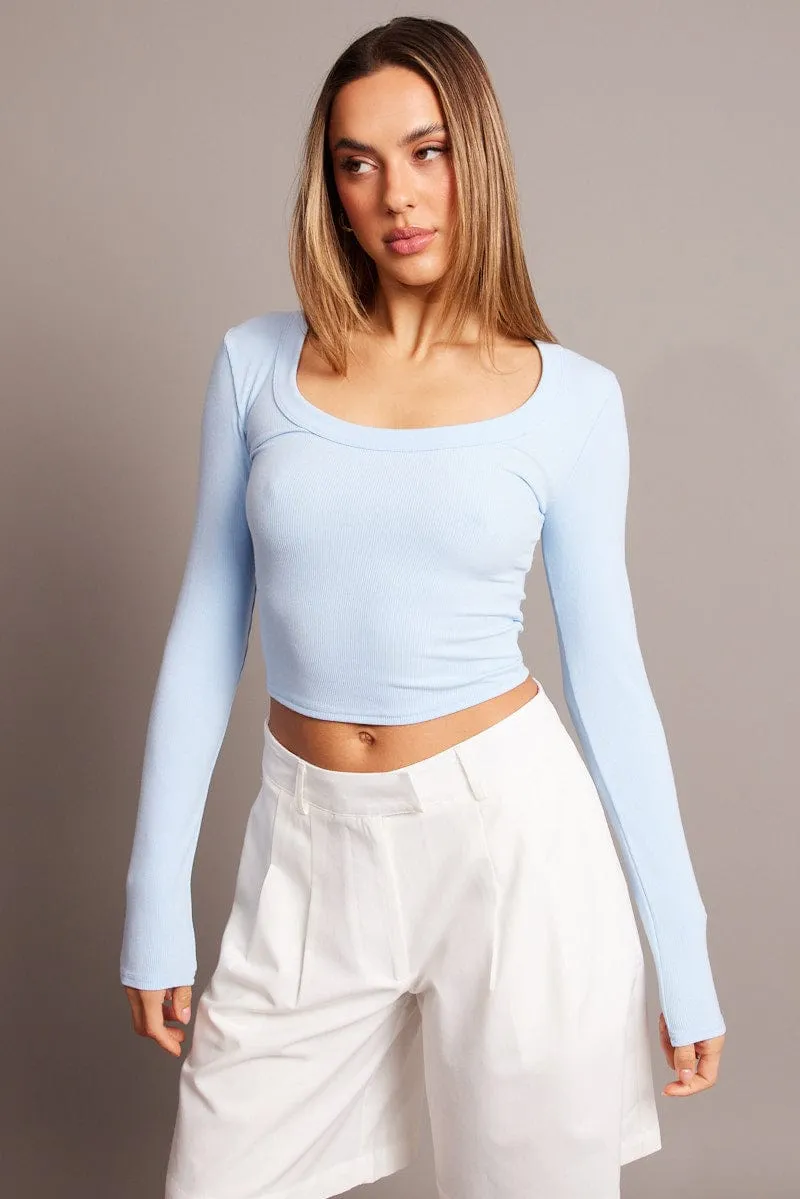Blue T Shirt Long Sleeve Scoop Neck Rib Jersey sold by Ally Fashion product image thumbnail 3