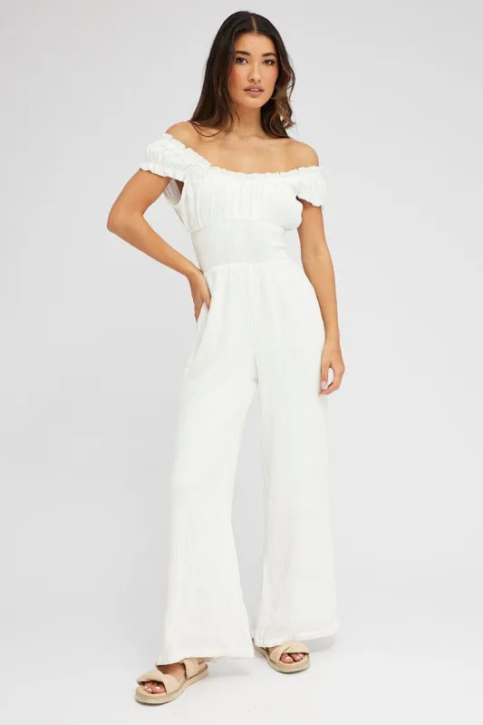 White Jumpsuit Short Sleeve Off Shoulder Shirred Cotton sold by Ally Fashion