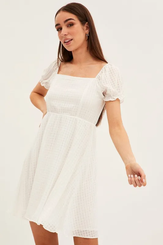 White Square Neck Puff Sleeve Skater Dress sold by Ally Fashion