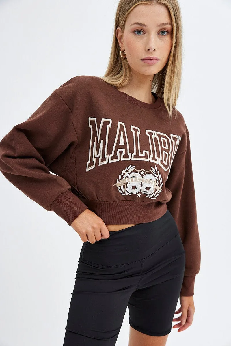 Brown Sweater Round Neck Long Sleeve Embroidery sold by Ally Fashion