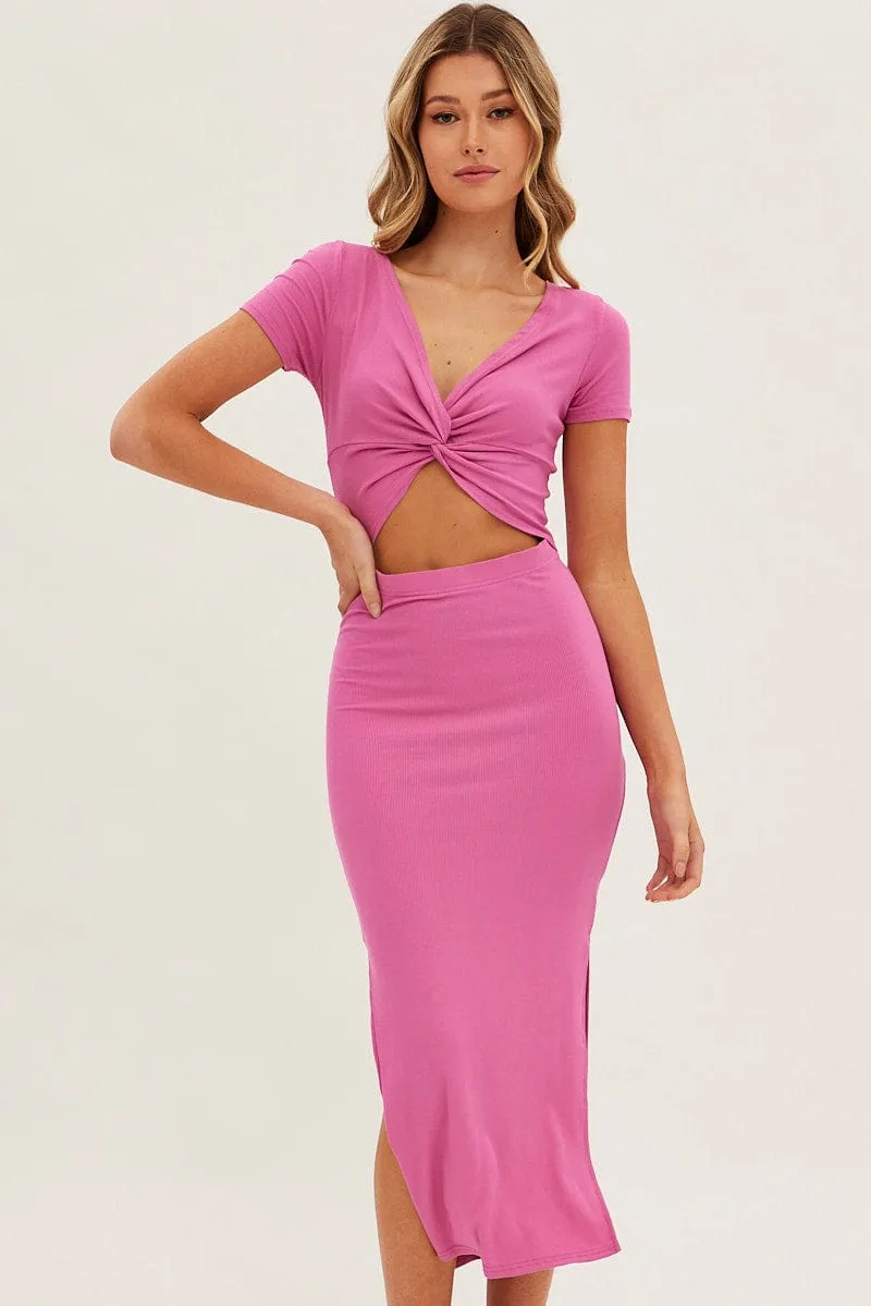 Pink Bodycon Dress Rib Twist Front Cut Out Short Sleeve sold by Ally Fashion