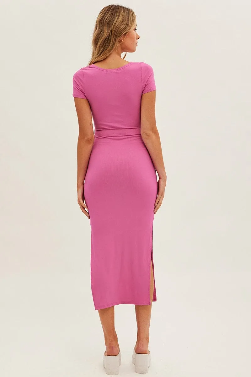 Pink Bodycon Dress Rib Twist Front Cut Out Short Sleeve sold by Ally Fashion product image thumbnail 5