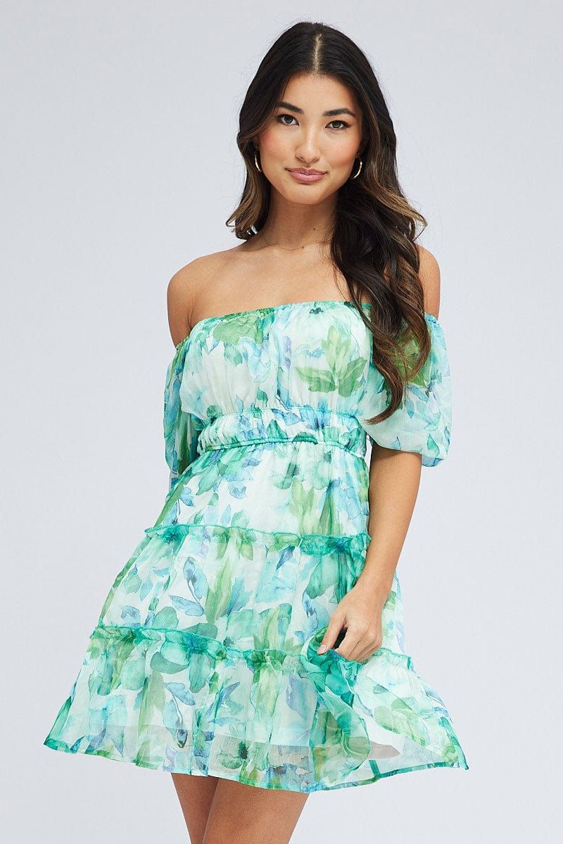 Green Floral Fit and Flare Dress Puff Sleeve Chiffon sold by Ally Fashion product image thumbnail 3