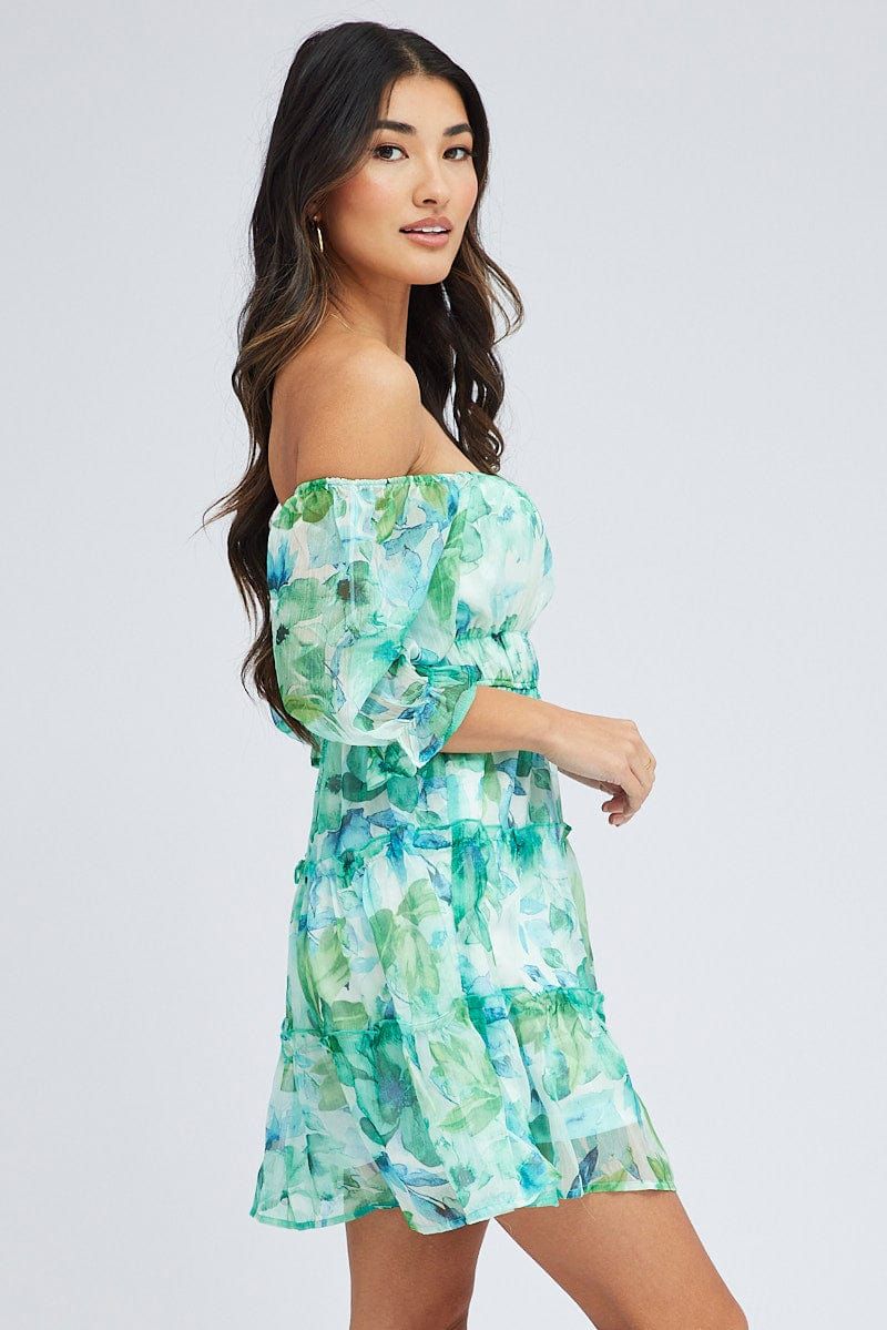 Green Floral Fit and Flare Dress Puff Sleeve Chiffon sold by Ally Fashion product image thumbnail 4