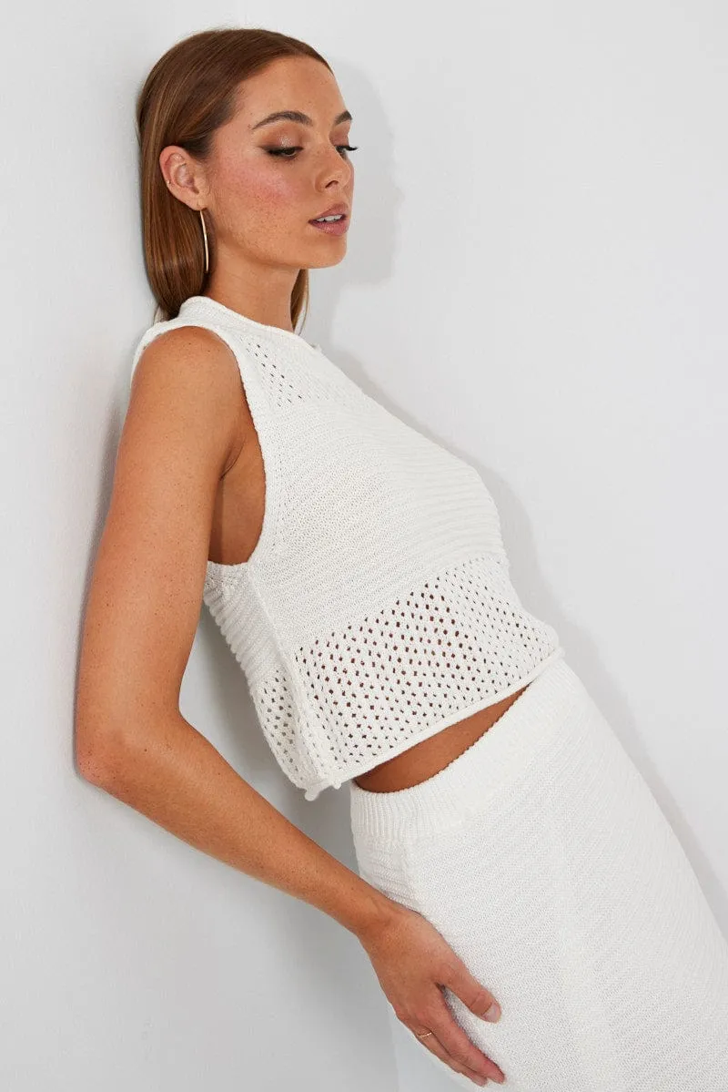 White Crochet Knit Tank Top sold by Ally Fashion
