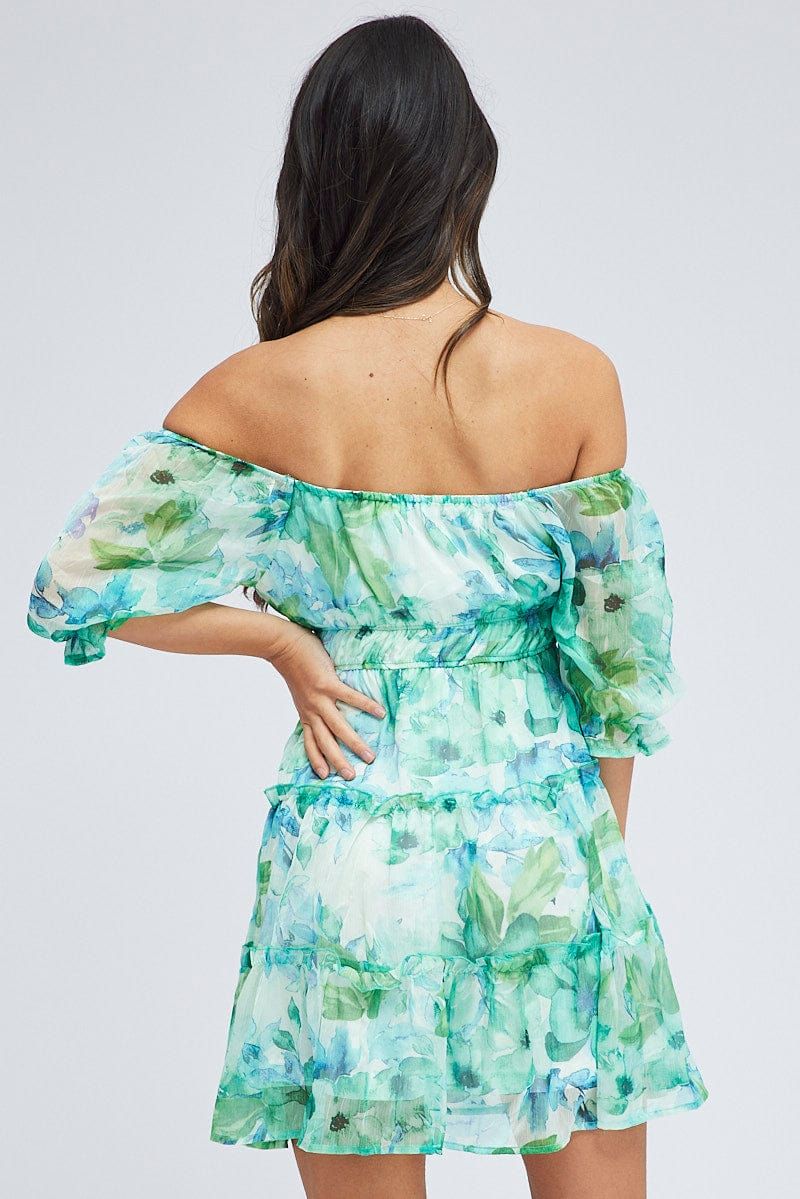 Green Floral Fit and Flare Dress Puff Sleeve Chiffon sold by Ally Fashion product image thumbnail 5