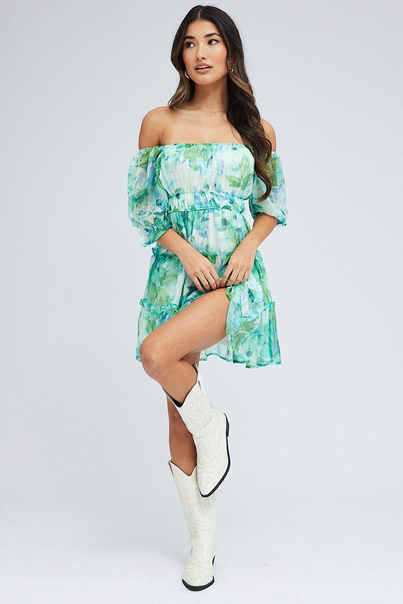 Green Floral Fit and Flare Dress Puff Sleeve Chiffon sold by Ally Fashion product image thumbnail 2