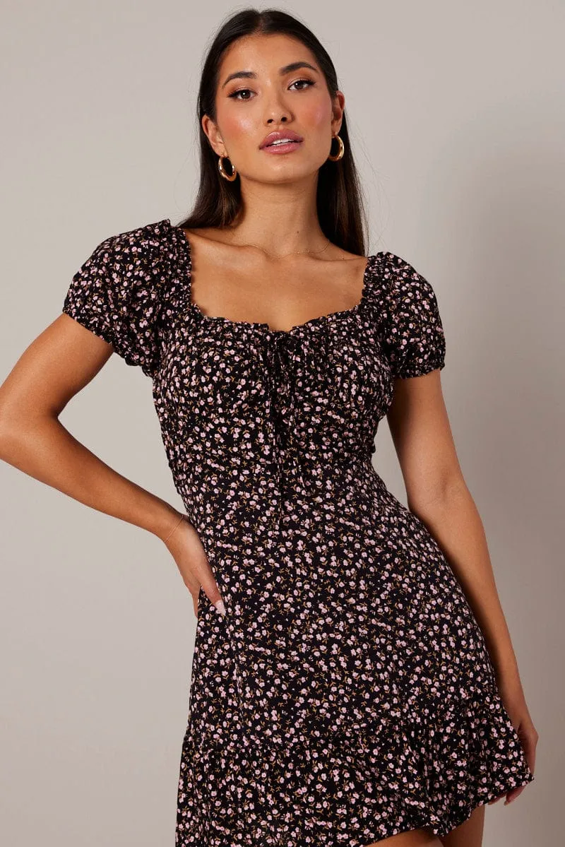 Black Ditsy Fit and Flare Dress Short Sleeve Lace Up Front sold by Ally Fashion product image thumbnail 3