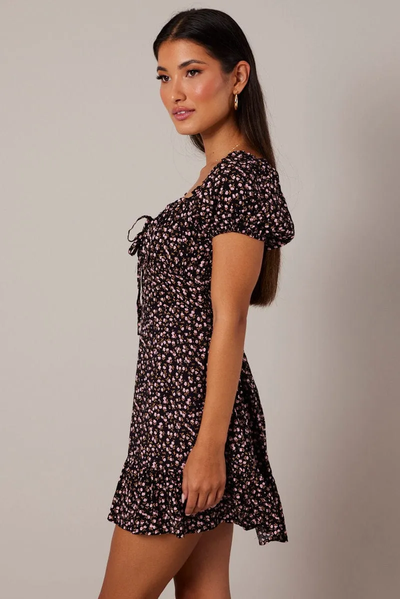 Black Ditsy Fit and Flare Dress Short Sleeve Lace Up Front sold by Ally Fashion product image thumbnail 4