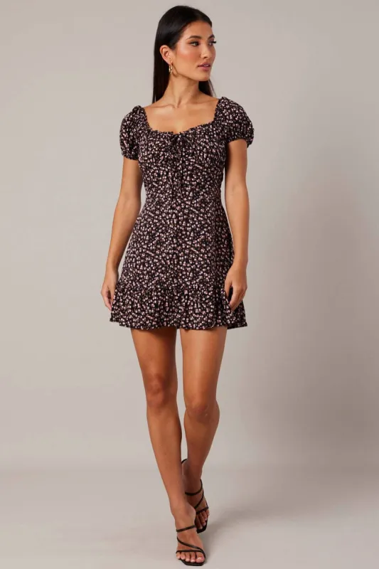Black Ditsy Fit and Flare Dress Short Sleeve Lace Up Front sold by Ally Fashion