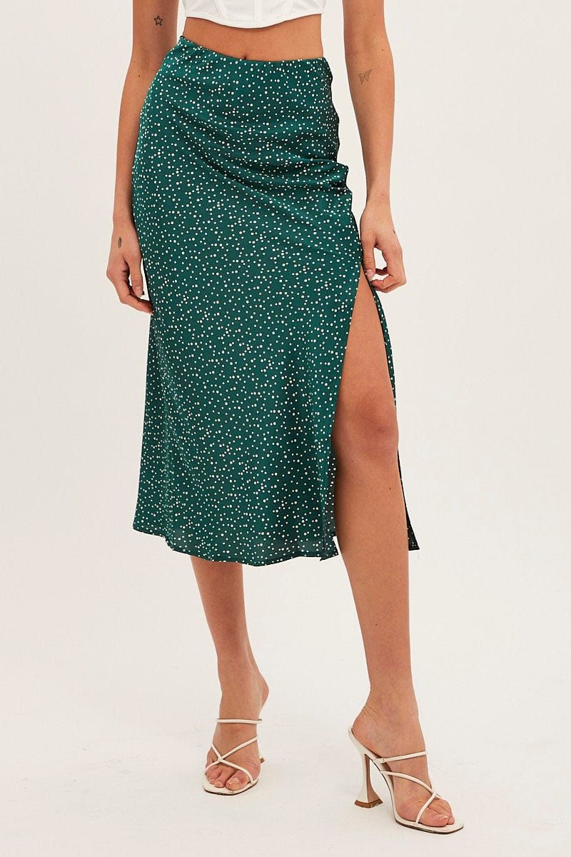Green Polka Dot Slip Skirt Midi High Rise Satin sold by Ally Fashion product image thumbnail 2