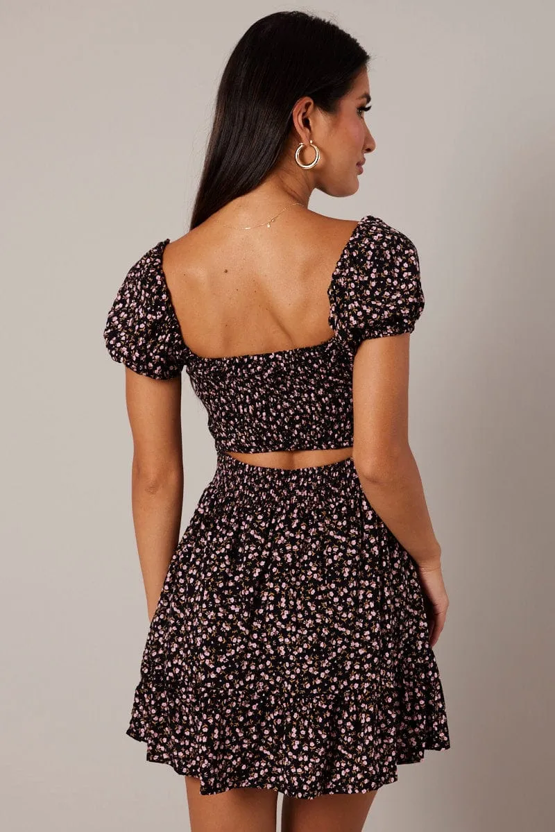 Black Ditsy Fit and Flare Dress Short Sleeve Lace Up Front sold by Ally Fashion product image thumbnail 5