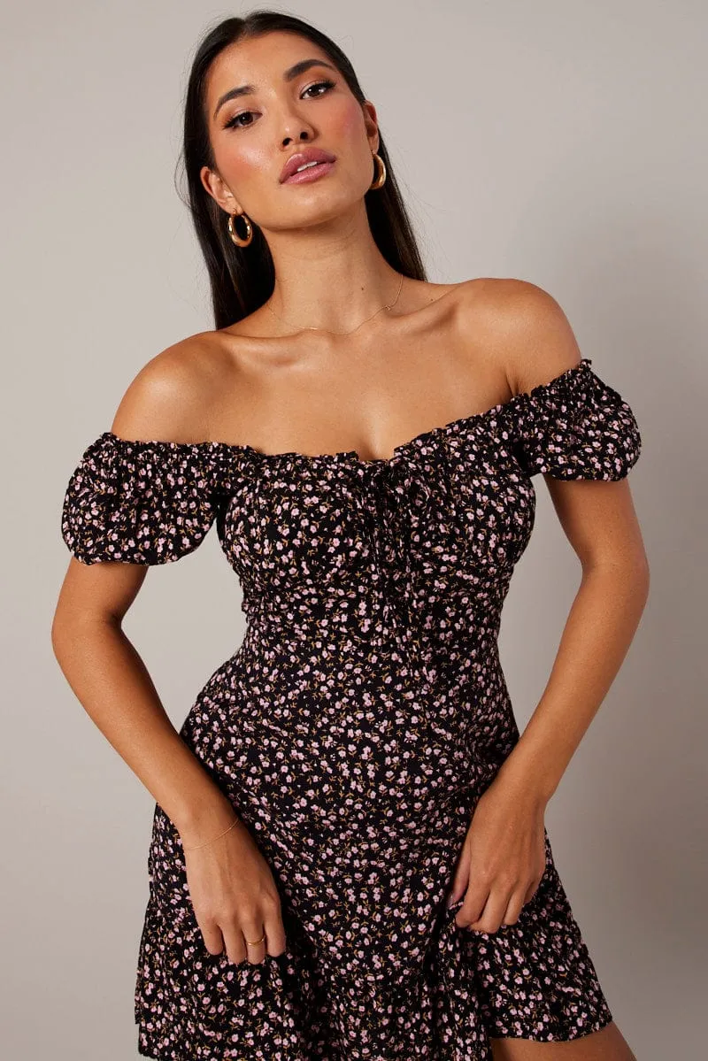 Black Ditsy Fit and Flare Dress Short Sleeve Lace Up Front sold by Ally Fashion product image thumbnail 2