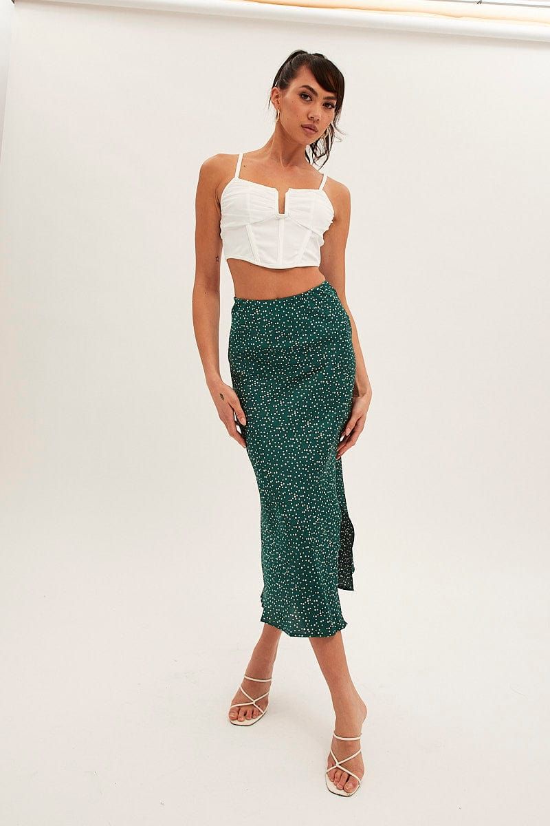 Green Polka Dot Slip Skirt Midi High Rise Satin sold by Ally Fashion
