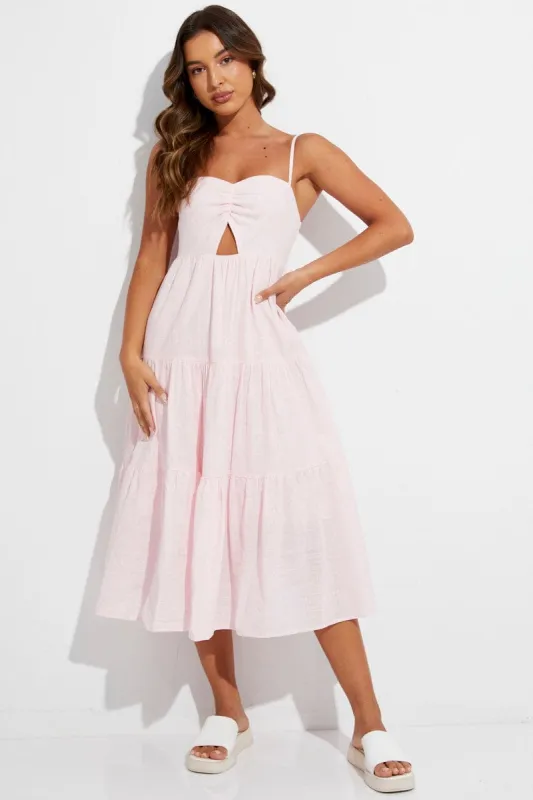 Pink Midi Dress Sleeveless Ruched Tiered sold by Ally Fashion