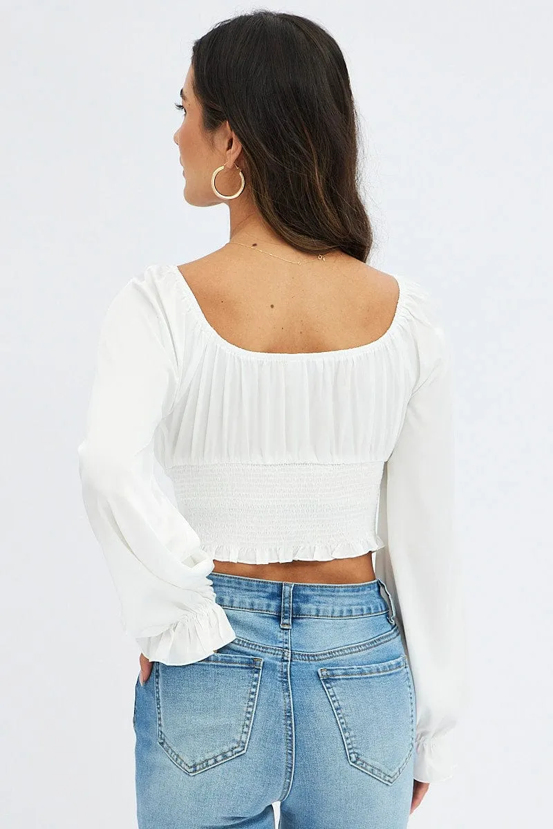 White Crop Top Long Sleeve Scoop Neck Shirred Satin sold by Ally Fashion product image thumbnail 5