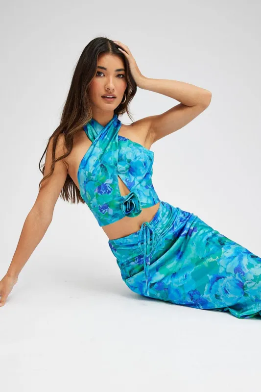 Multi Floral Halter Crop Top Rosette Flower Detail Keyhole sold by Ally Fashion