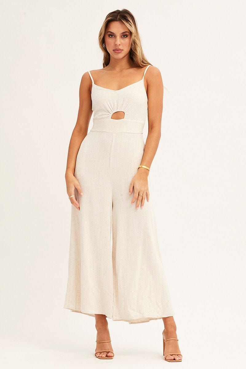 Beige Sleeveless Jumpsuit Cut Out V-Neck sold by Ally Fashion