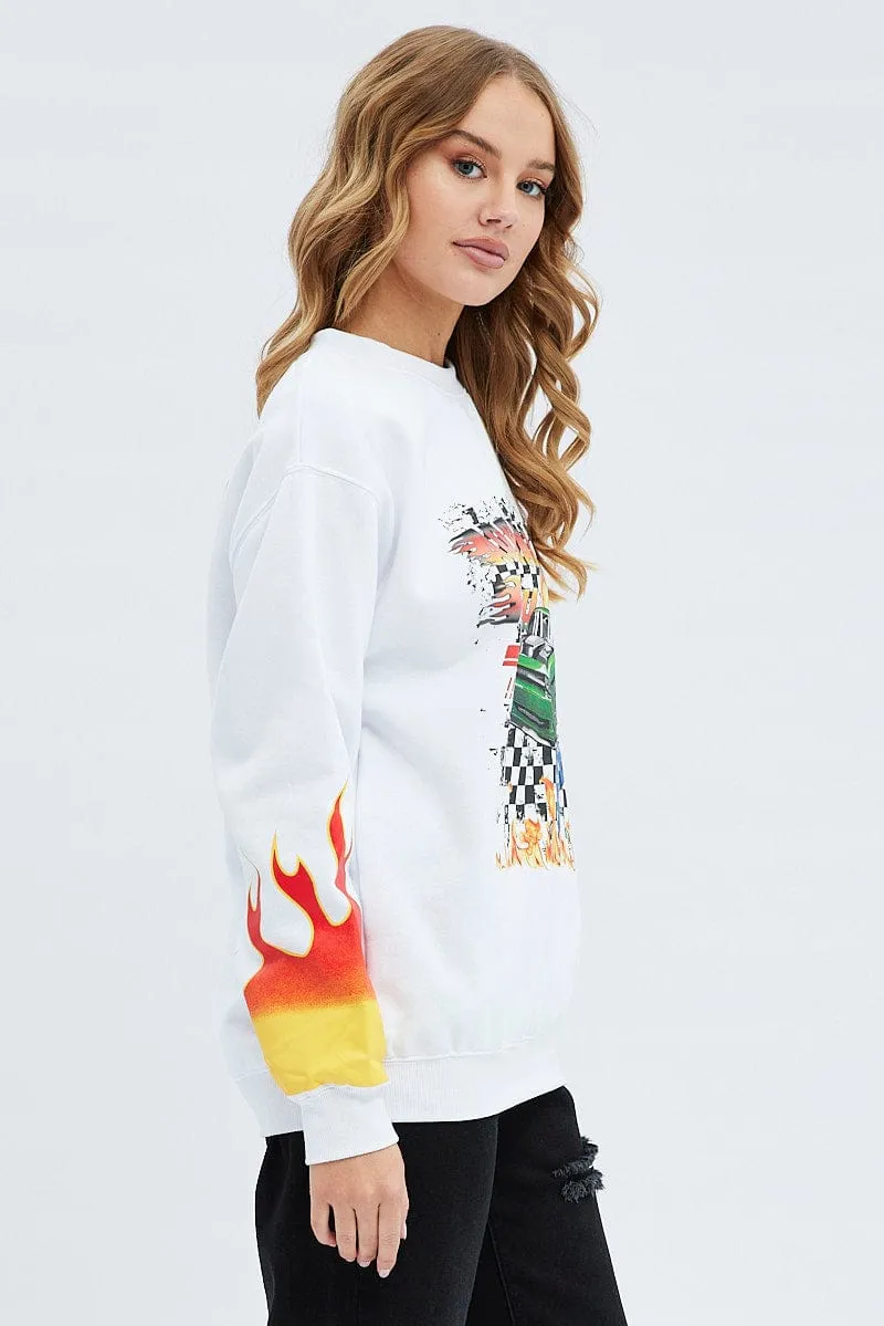 White Graphic Sweat Long Sleeve Crew Neck Racing sold by Ally Fashion product image thumbnail 4