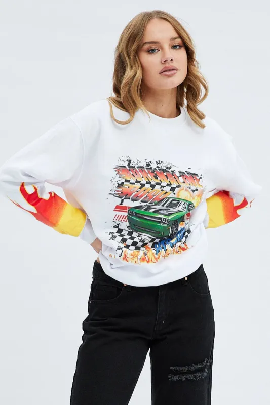 White Graphic Sweat Long Sleeve Crew Neck Racing made by Ally Fashion