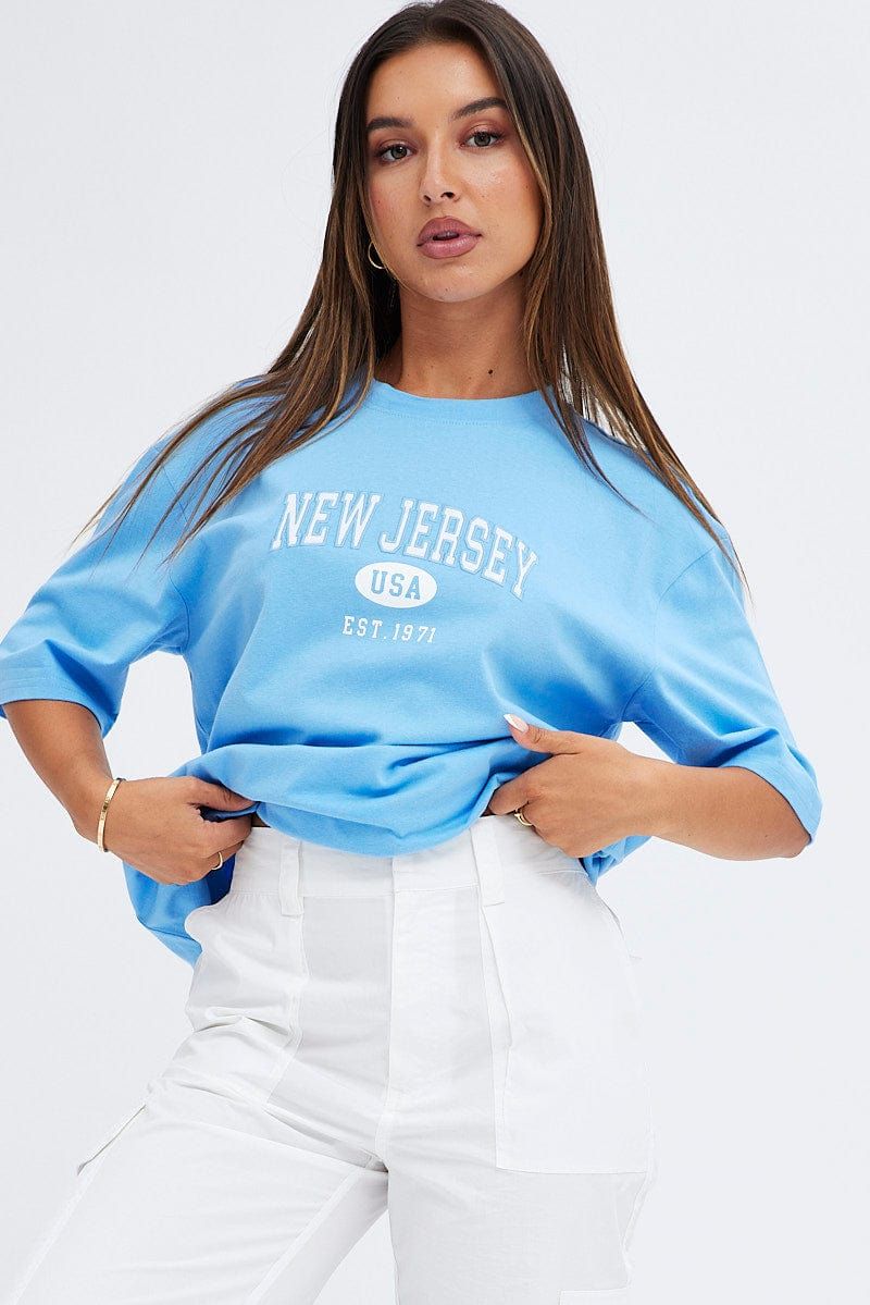 Blue T Shirt Short Sleeve Crew Oversized New Jersey sold by Ally Fashion