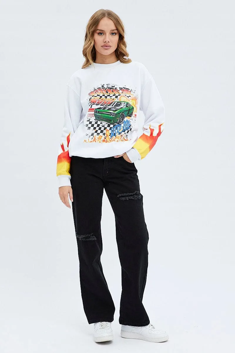 White Graphic Sweat Long Sleeve Crew Neck Racing sold by Ally Fashion product image thumbnail 2