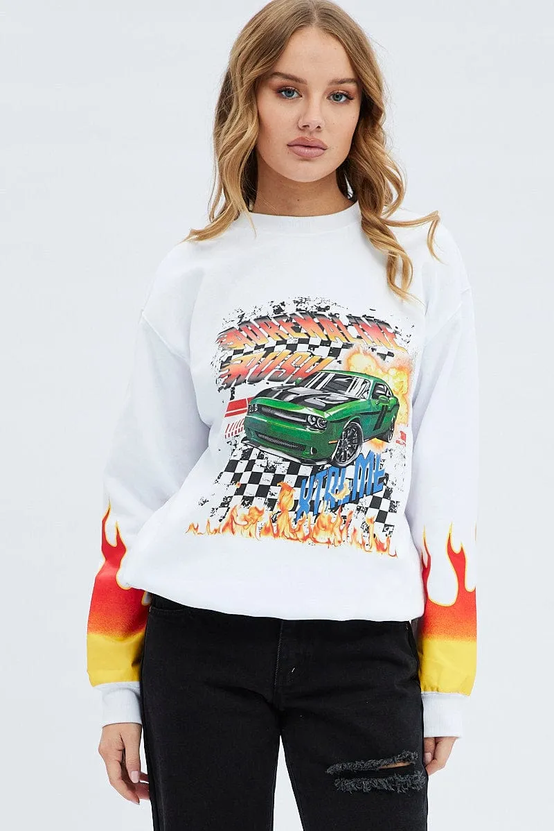 White Graphic Sweat Long Sleeve Crew Neck Racing sold by Ally Fashion product image thumbnail 3