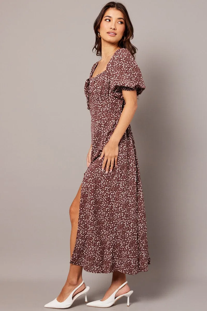 Brown Ditsy Midi Dress Puff Sleeve Midi sold by Ally Fashion product image thumbnail 4