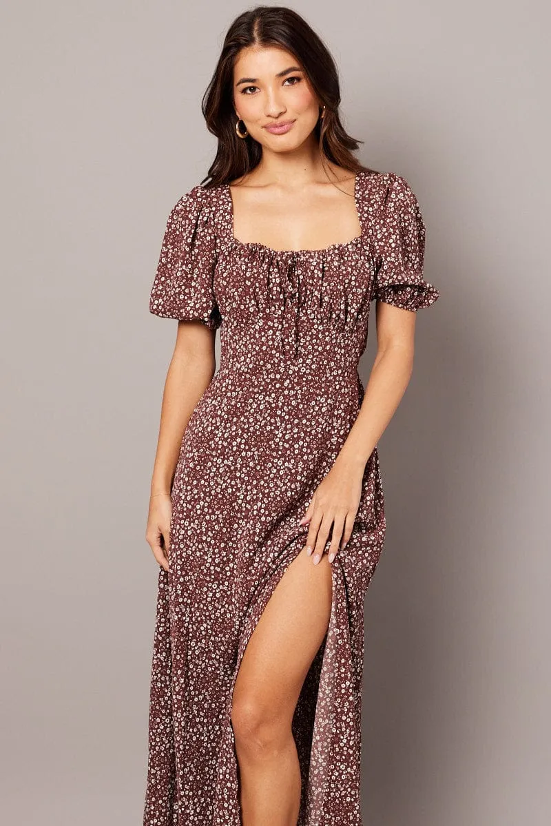 Brown Ditsy Midi Dress Puff Sleeve Midi sold by Ally Fashion product image thumbnail 2