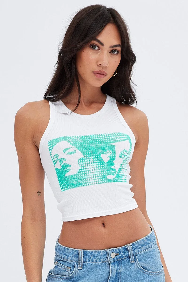White Crop Tank Top Sleeveless Graphic Print sold by Ally Fashion product image thumbnail 3